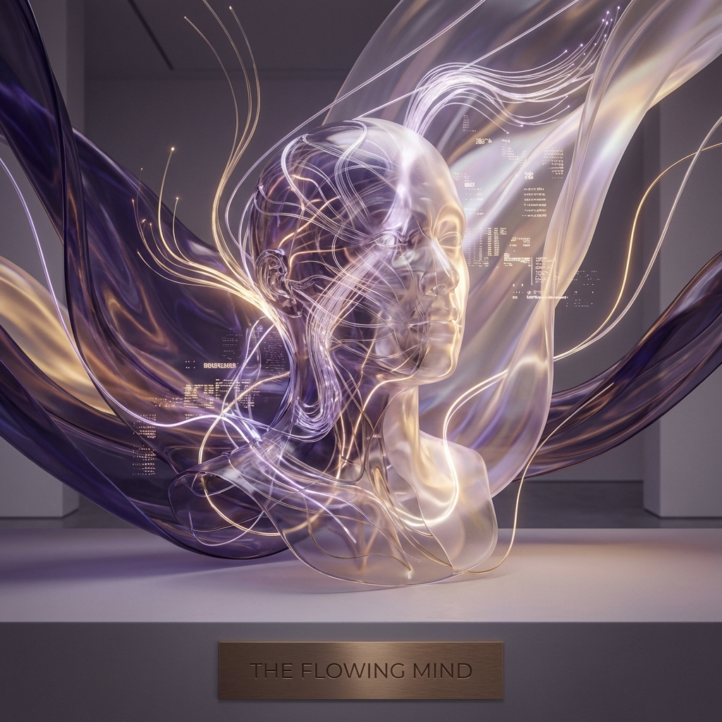 Ilustração artística de uma silhueta feminina translúcida com conexões neurais iluminadas, simbolizando o fluxo da mente e das emoções.