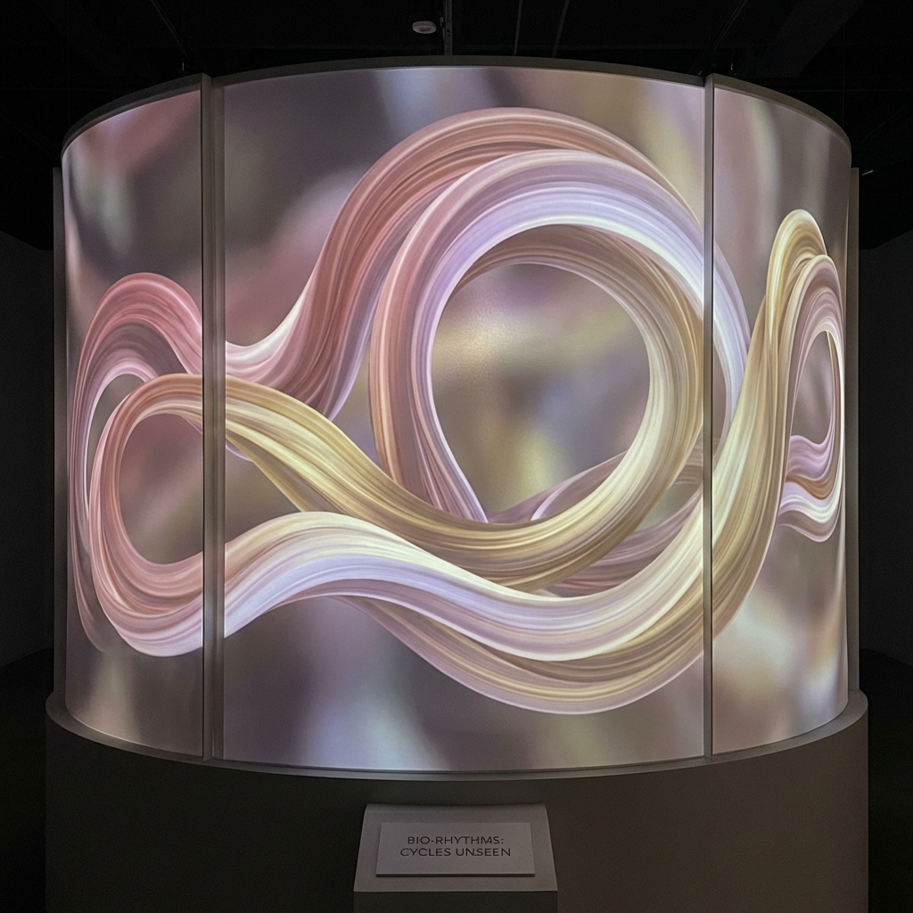 Representação abstrata de fluxos orgânicos e cíclicos em tons de rosa e dourado, simbolizando os ritmos biológicos
