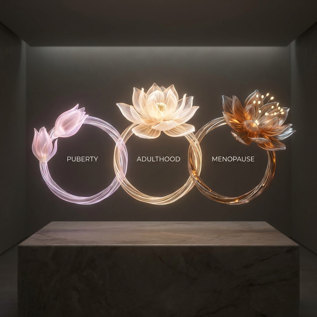 Três anéis orgânicos entrelaçados e luminosos, simbolizando as fases da Puberdade, Vida Adulta e Menopausa/Perimenopausa.